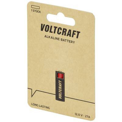 Packaging for a Voltcraft Alkaline Battery, 12.0V, 27A. Label reads: 'Long lasting', contains 1 piece, brown-tone background.