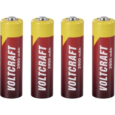 Four AA batteries with red and yellow design, labelled 'Voltcraft 2900 mAh'.