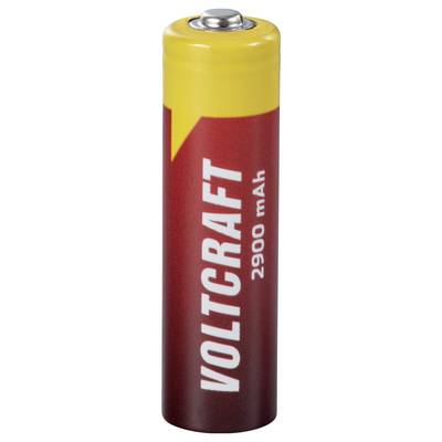 A red and yellow AA battery by Voltcraft with a capacity of 2900 mAh.
