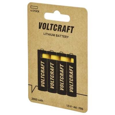 Packaging of 'Voltcraft Lithium Battery', contains 4 AA batteries with 1.5 V and a capacity of 2900 mAh.