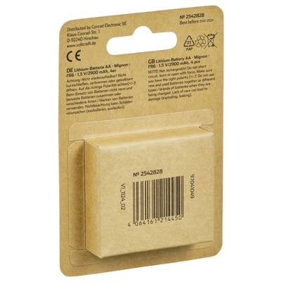 'Packaging for an AA Lithium Battery, 1.5 V/2900 mAh, Mignon. Disposal Instructions and Manufacturer Contact Information.'