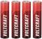 Four red AA batteries from the Voltcraft brand are lined up side by side.