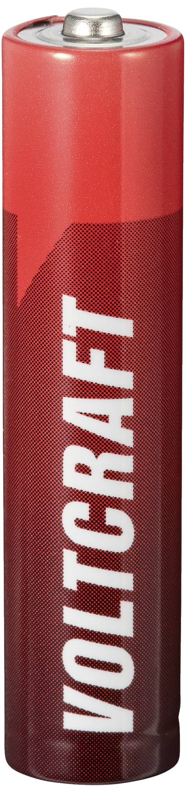Red AA battery with 'VOLTCRAFT' printed on it. Standing upright, top side visible.