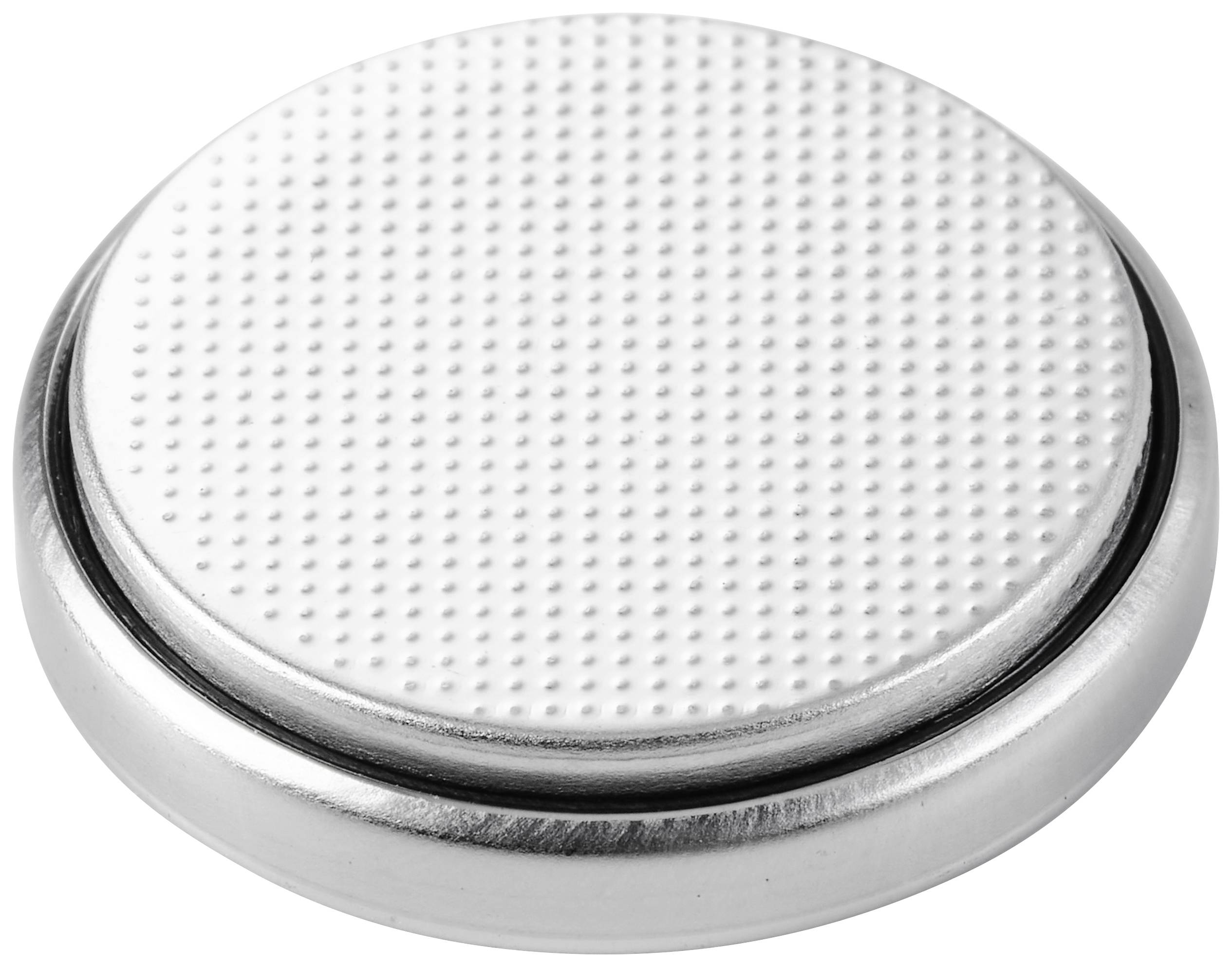 A round, silver button cell with a textured surface, used in small electronic devices.