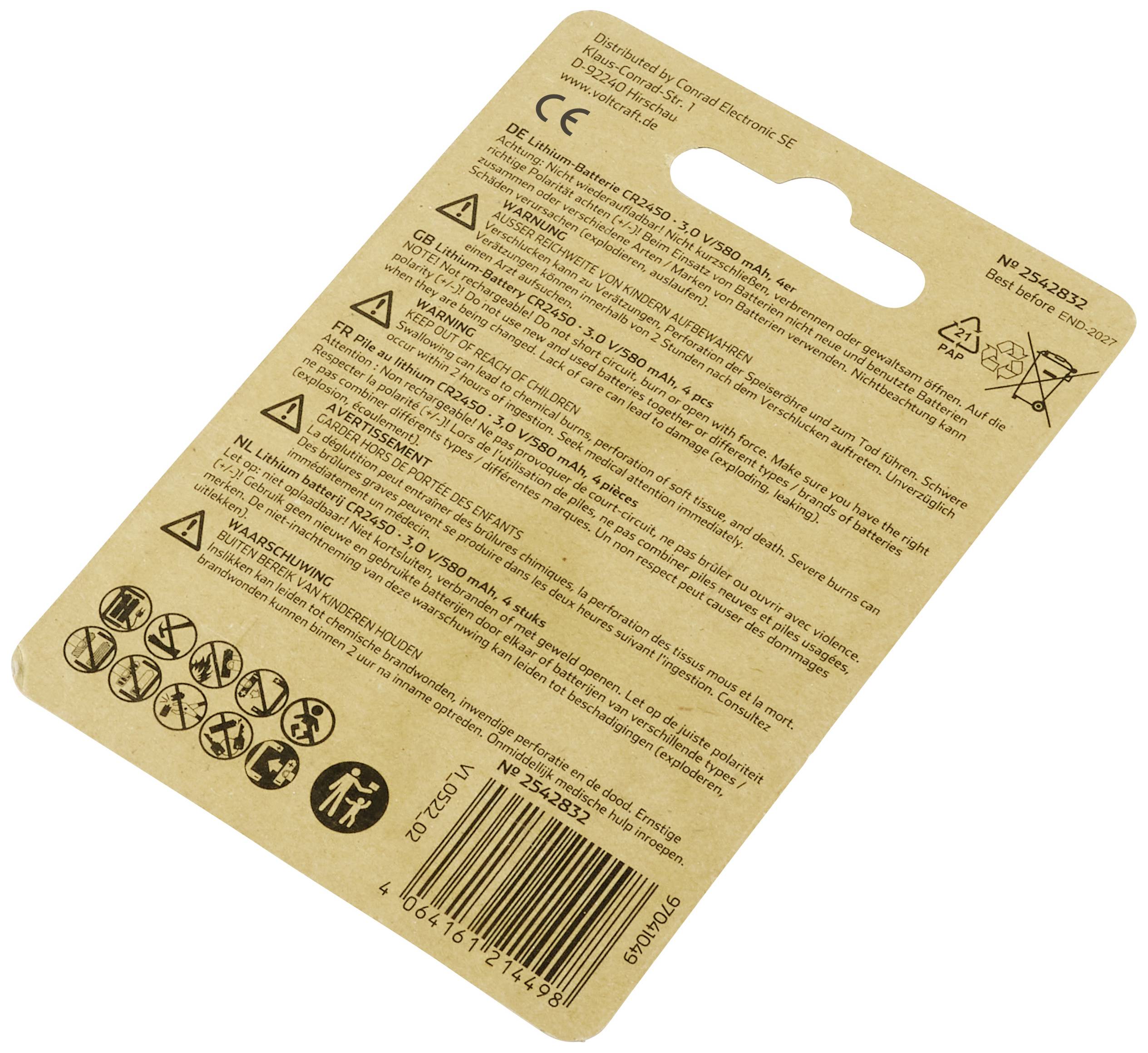 Back of a packaging with safety instructions, recycling symbols, CE mark, and barcode. Contains product information in multiple languages.