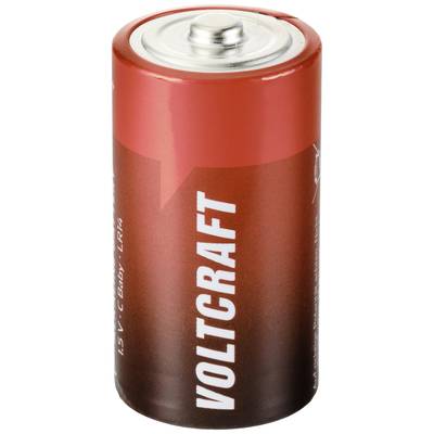 A red Voltcraft alkaline battery in size C, shown standing upright.
