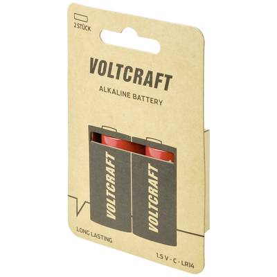 Two Voltcraft alkaline batteries, type LR14, in a brown cardboard package. Text on packaging: 'Long Lasting, 1.5 V'.