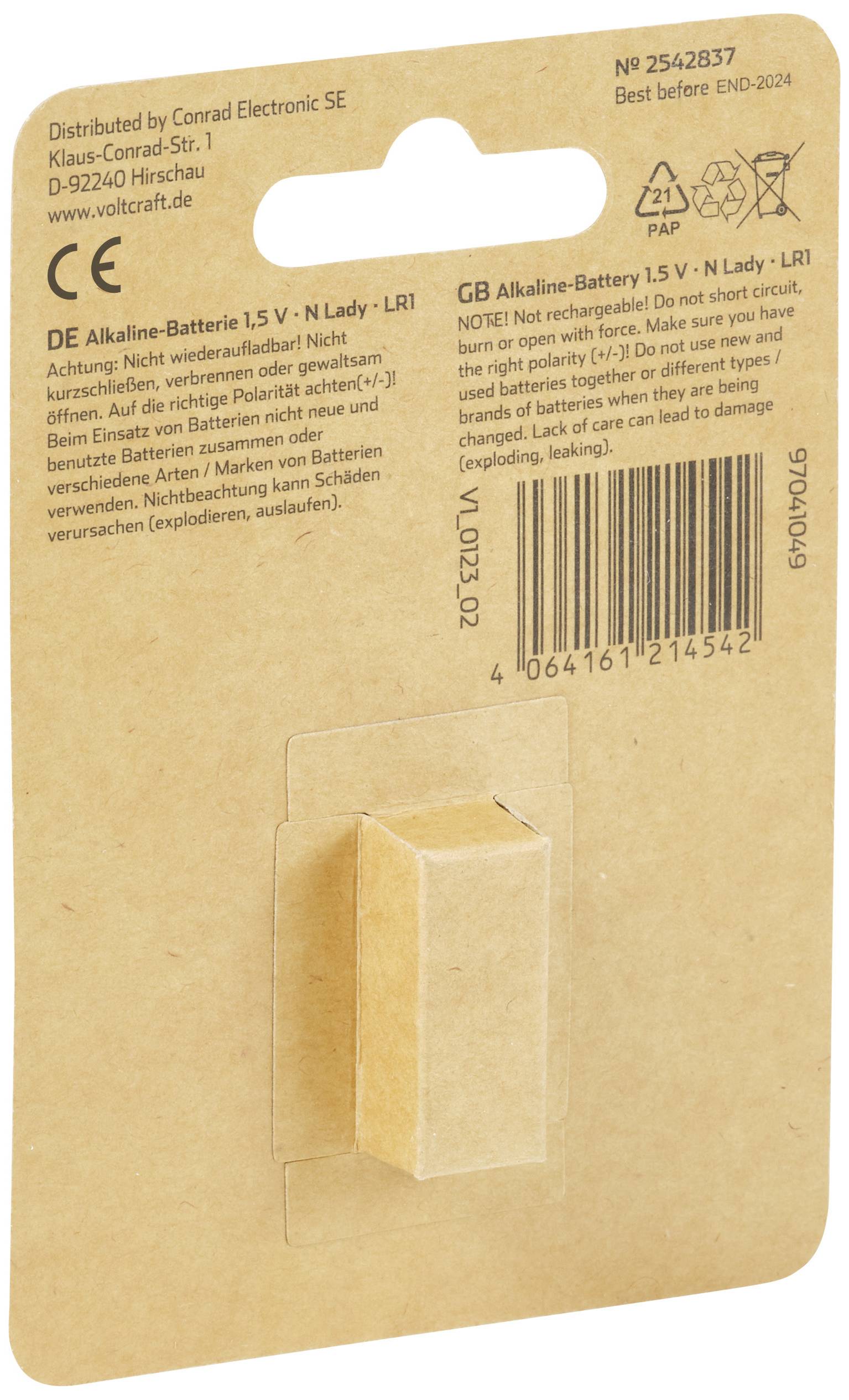 Back of a battery packaging with barcode, manufacturer information, and language settings. Product is an alkaline battery.