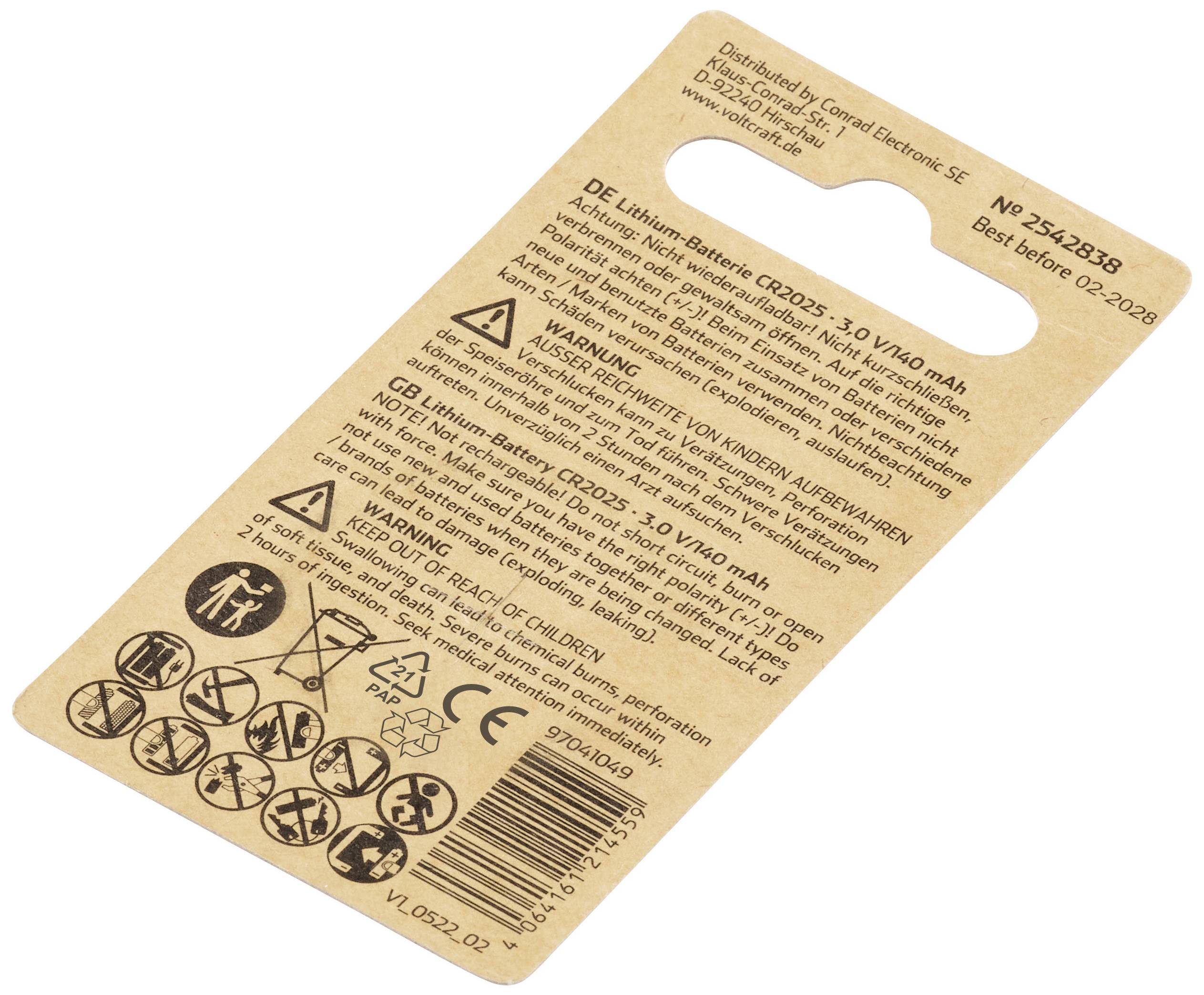 Back of a battery packaging with warning notices, instructions for use, and manufacturer information. Expiry date: 02-2028.