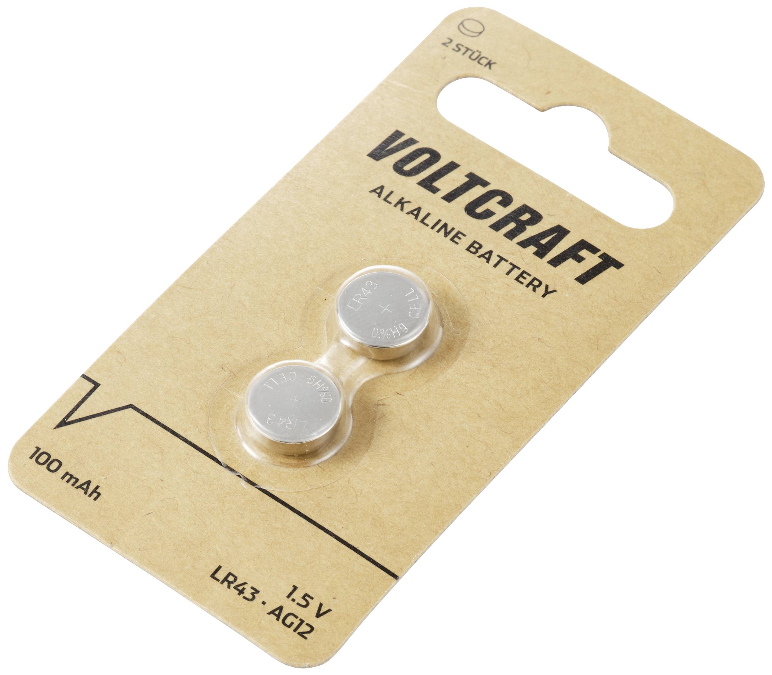 Two silver oxide button cells 'LR43' on cardboard card, 1.5V, brand 'Voltcraft', 100mAh, for electronic devices.