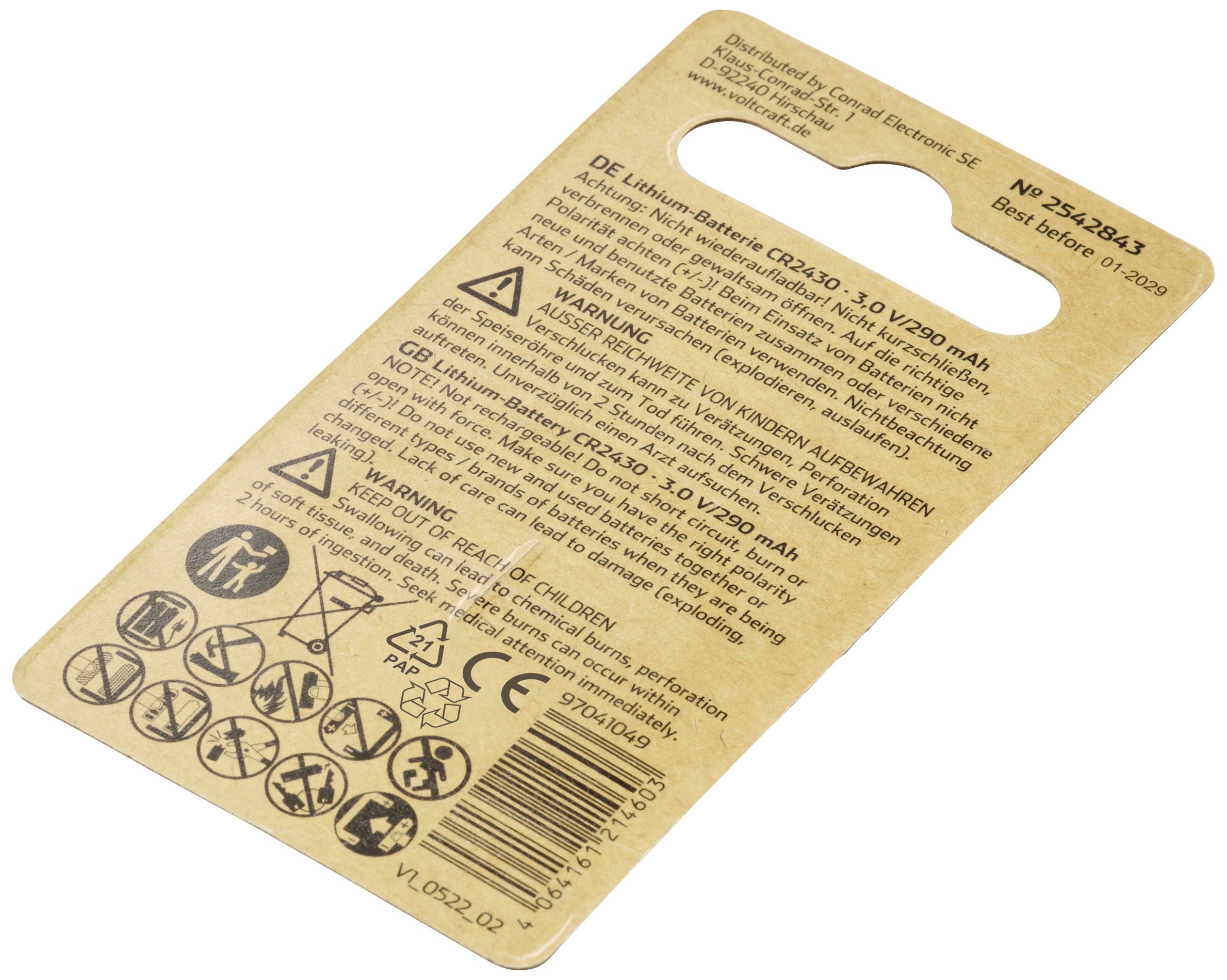 Back of a battery packaging with instructions for use, warnings, and pictograms. Contains technical details about the battery.