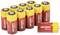 Nine yellow-red VOLTCRAFT batteries, 1500 mAh, 3V CR123A, are standing upright, with one lying down. Shows brand and specifications for energy requirements.