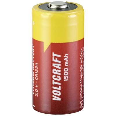 Lithium Battery, Brand Voltcraft, 3.0 V CR123A, Capacity 1500 mAh. Main Colours: Yellow and Red.
