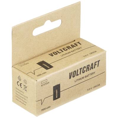 Cardboard box with the print 'Voltcraft Lithium Battery, 3.0V CR123A, 1500 mAh'. Shows technical symbols and brand logo.