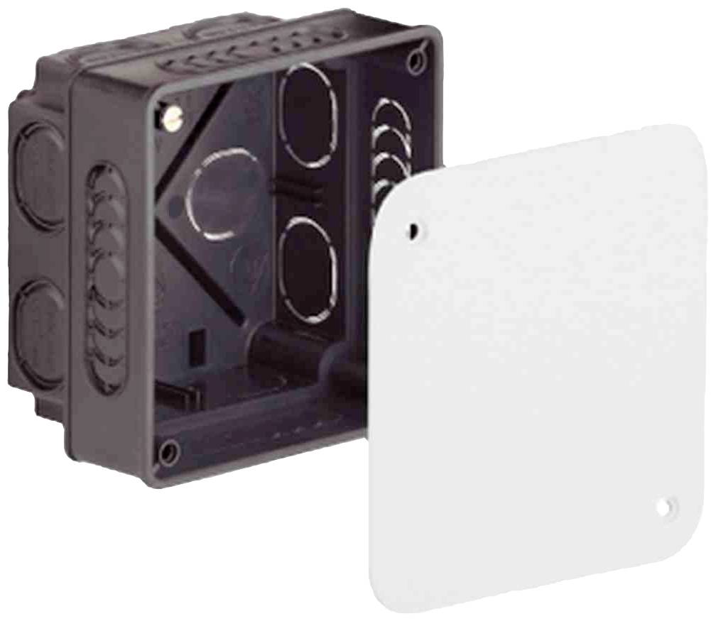 Black plastic junction box with white cover removed, showing holes and openings for cable connections.