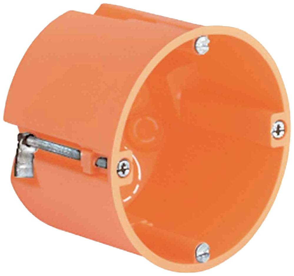Orange flush-mounting back box with threaded holes, used for installing sockets or switches in the wall.