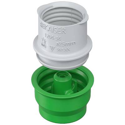 A white and a green plastic adapter with threaded screws and the inscription 'Kaiser', serving as a connecting piece.