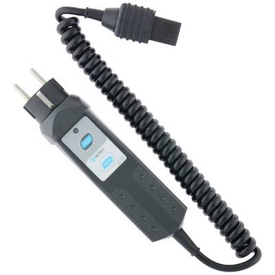 A black, spiral-shaped electric adapter with two blue buttons ('Test', 'Reset'), a plug and a socket.