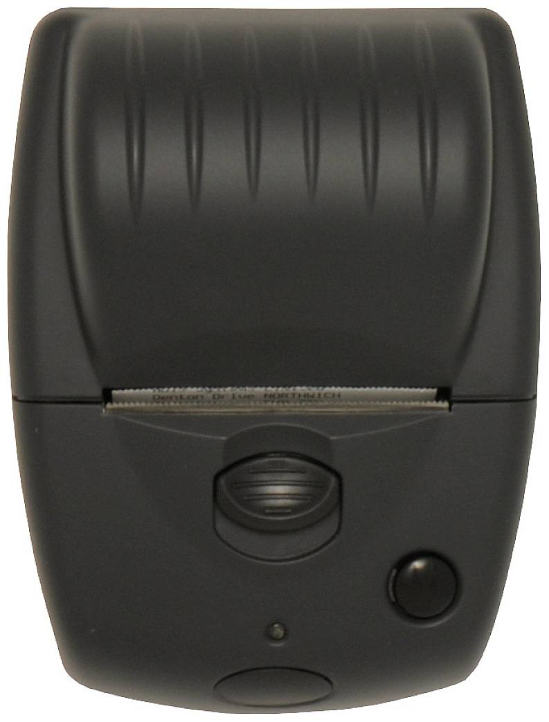 Portable black printer, compact, with paper output opening and two control buttons on the front.