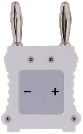 White electrical device with two metal pins, one marked with '-', the other with '+'