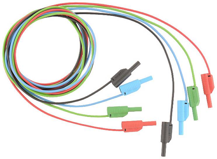 Several colourful cables with plugs in red, blue, green and black are tied together in a circle. They are lying on a white background.