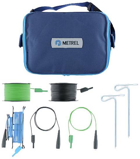 A blue Metrel bag with a handle, alongside various cables and two metal rods, presumably accessories for electrical measuring equipment.
