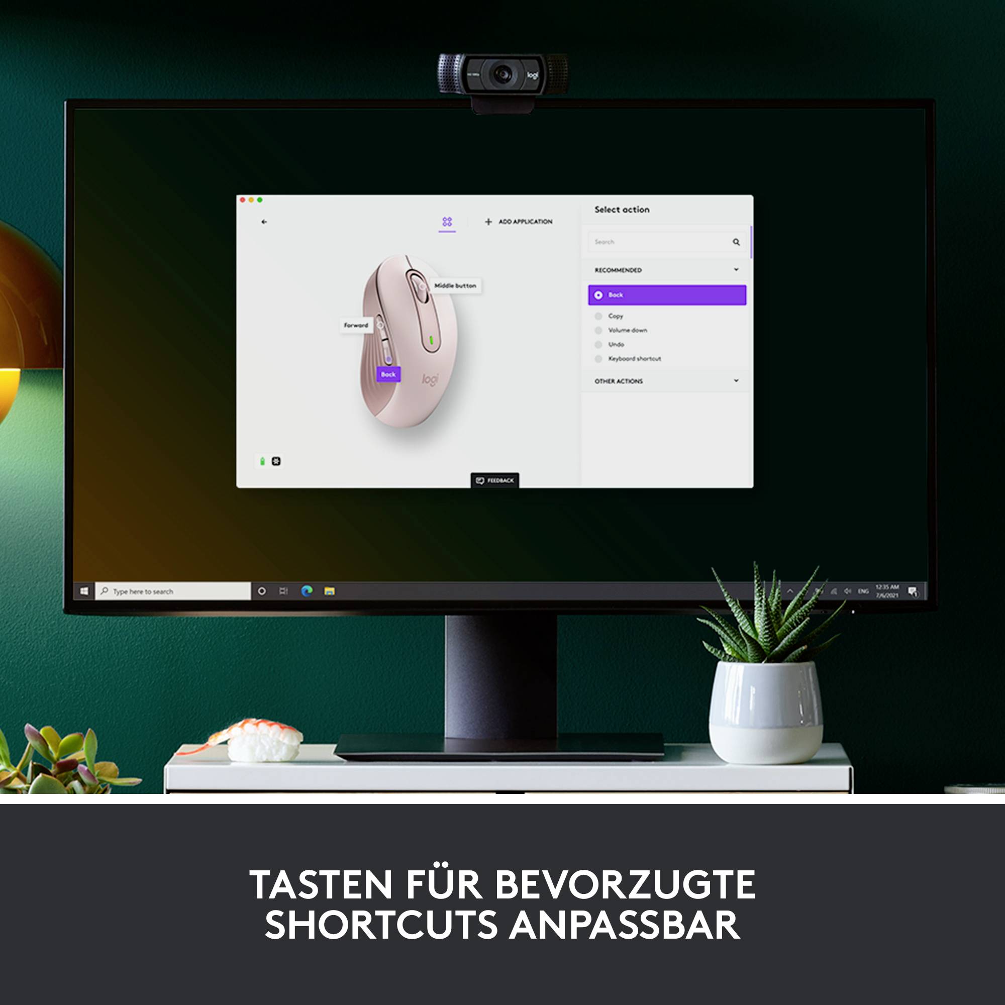 A computer screen displays an application for customising mouse buttons for preferred shortcuts. Underneath it reads: 'Buttons customisable for preferred shortcuts'.