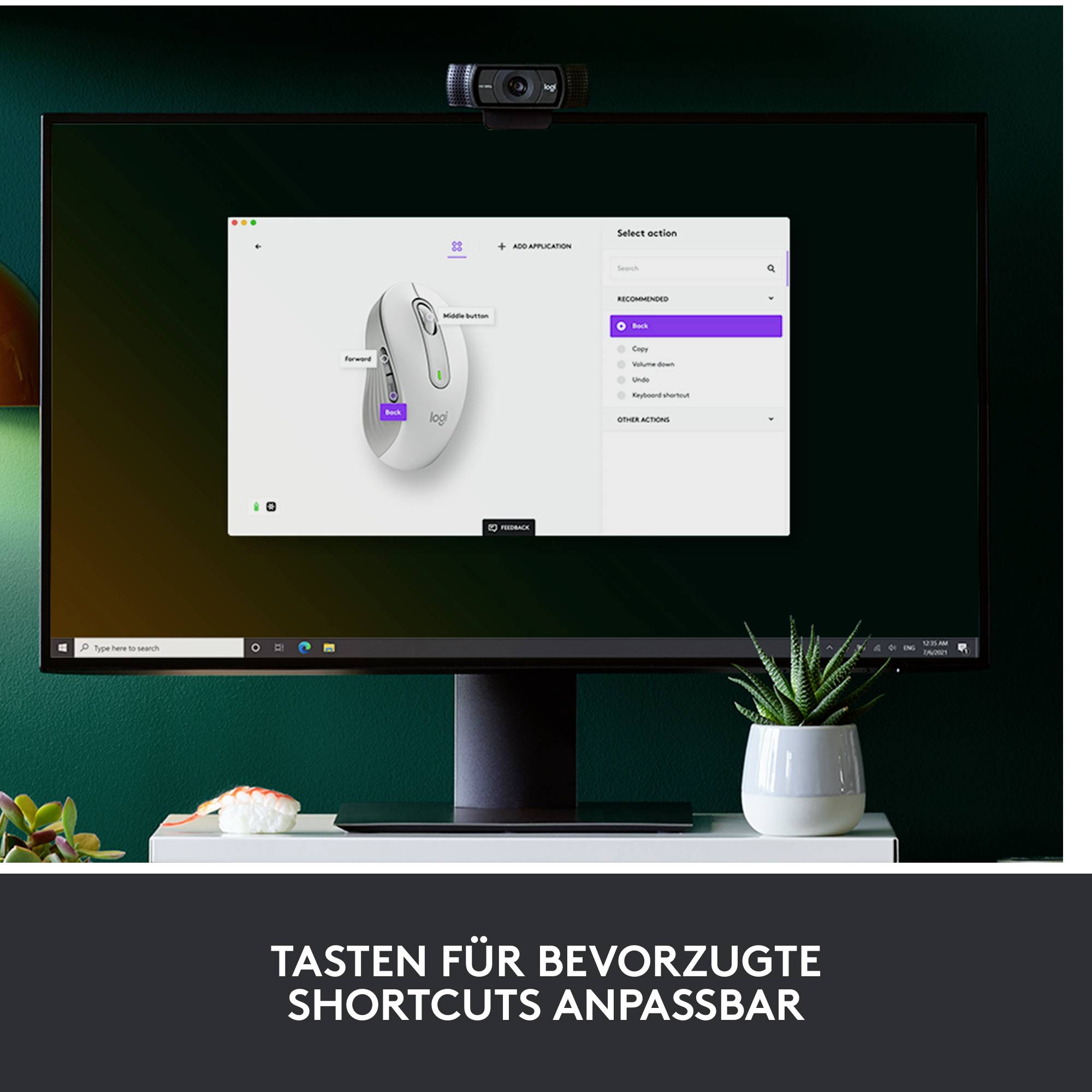 A computer screen displays mouse button customisation for preferred shortcuts, with a plant vase beside it on a table.