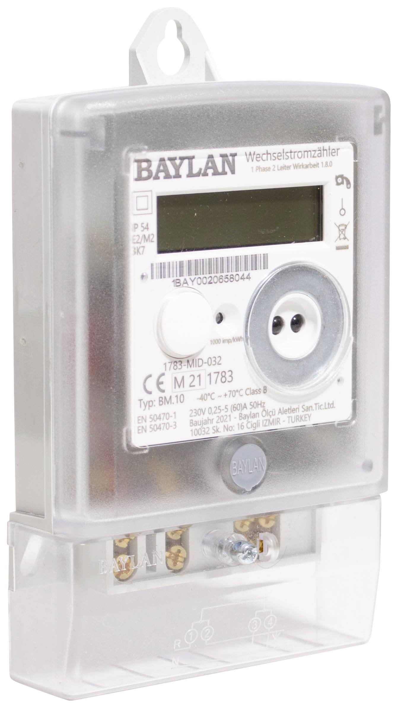 'Electricity meter with digital display and connection terminals, by BAYLAN.'