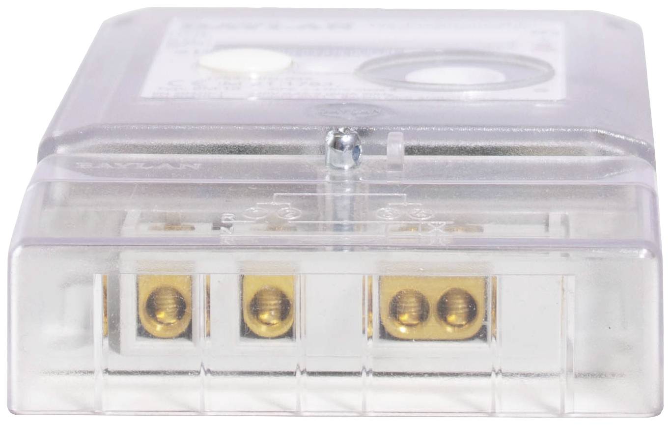 A grey electrical measuring device with a transparent casing and four golden connectors on the front, viewed from above.