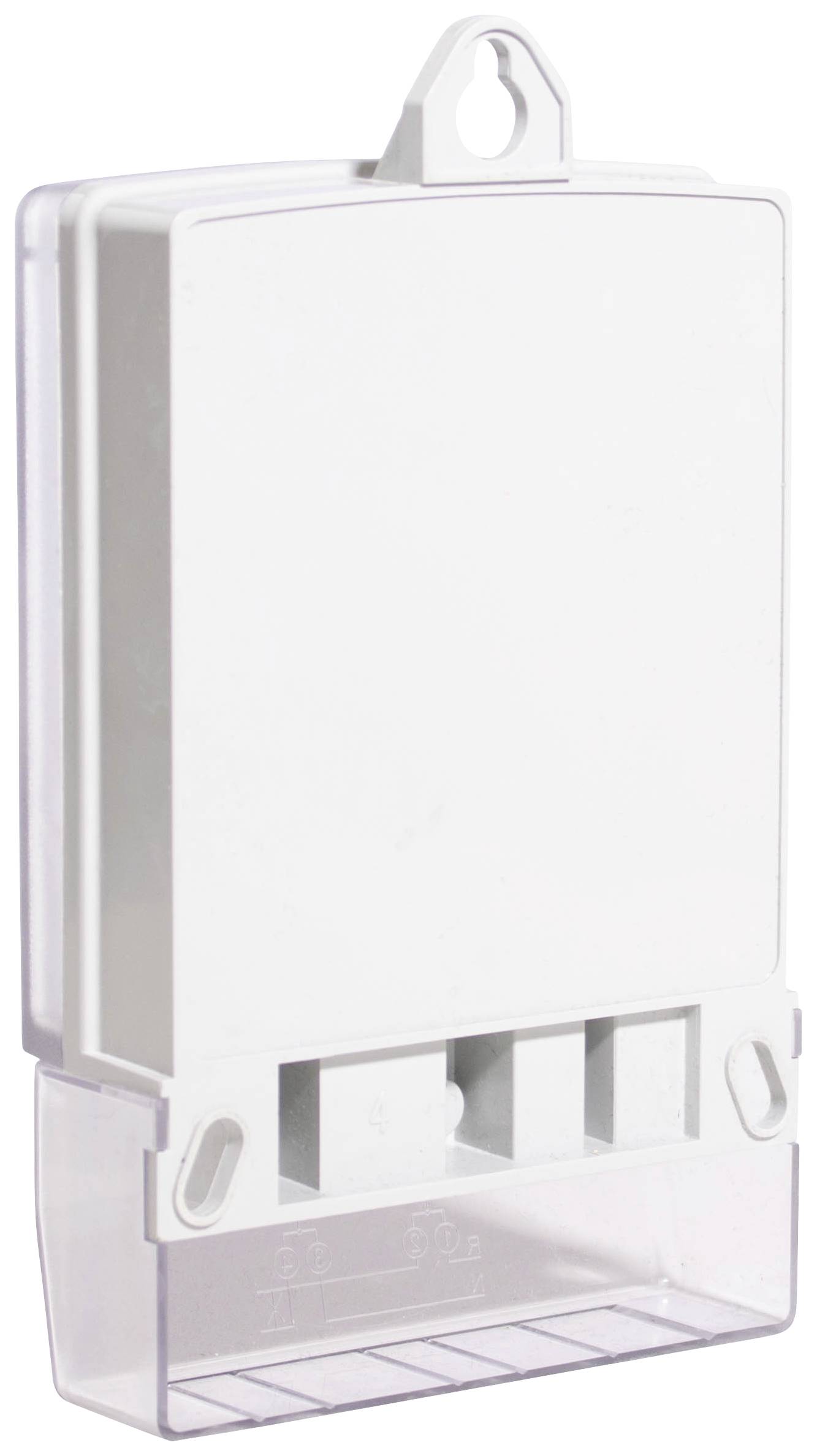 A rectangular white plastic enclosure with rounded edges and a transparent base. A hanging tab is located on the top.