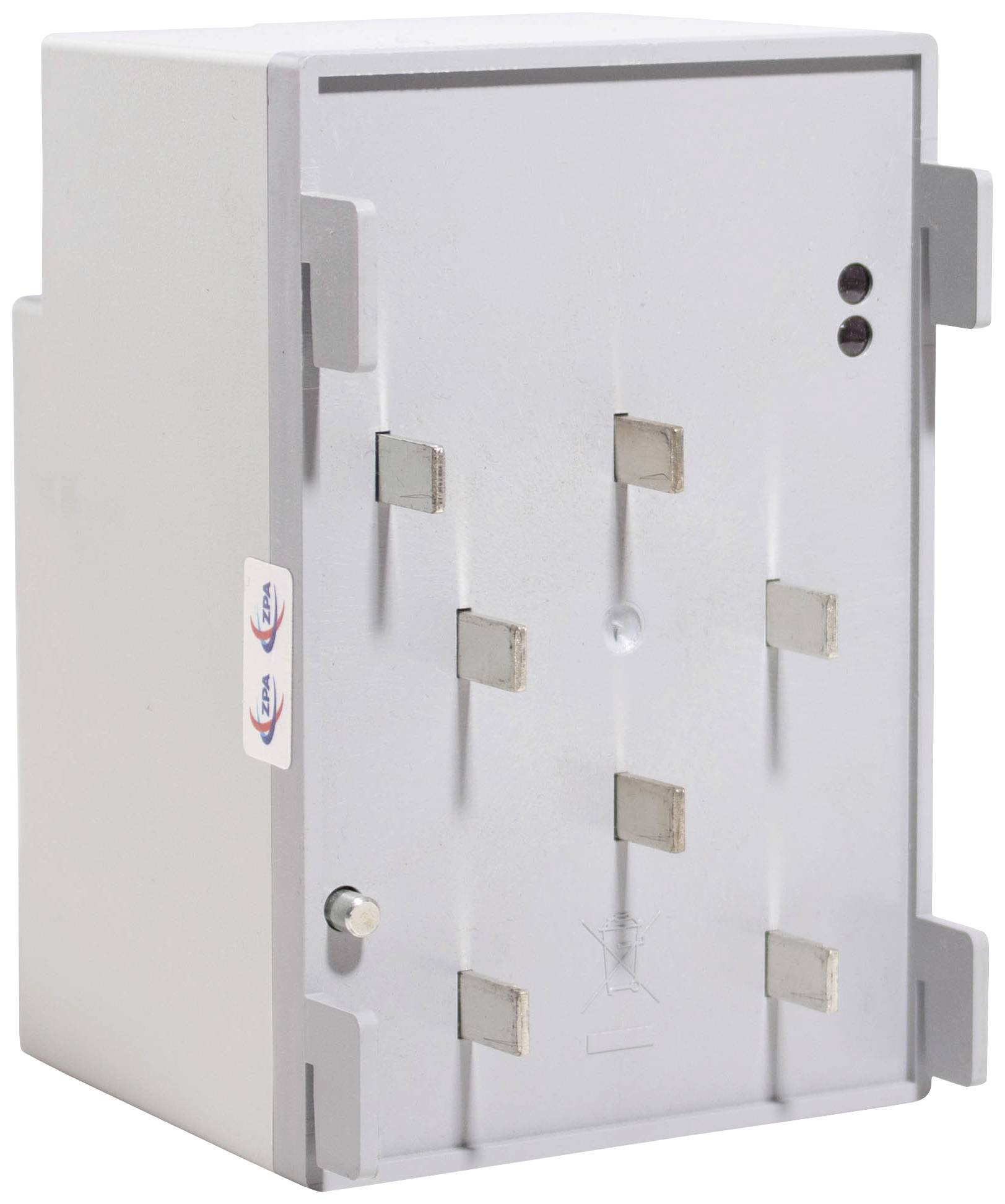 White plastic box with multiple rectangular cutouts and two small circular openings, likely for electrical components.