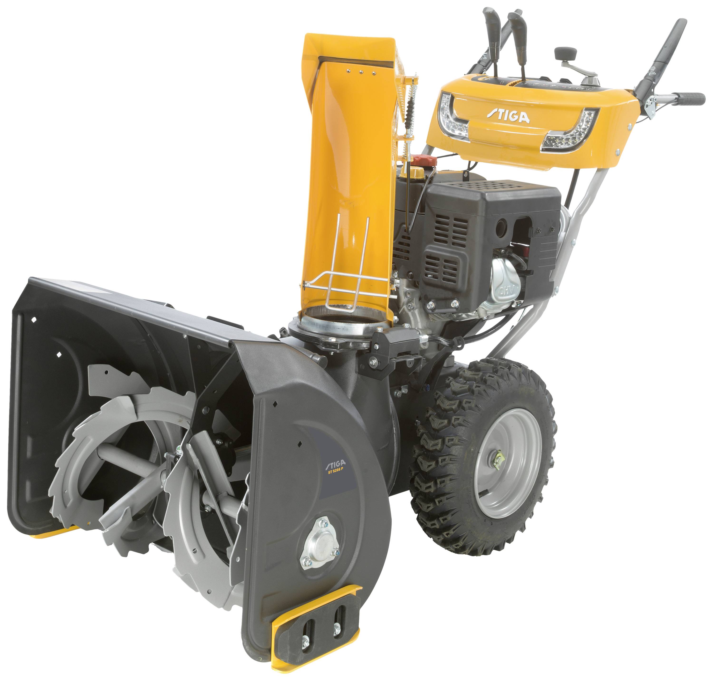 Snow blower with an orange discharge chute and robust wheels, suitable for clearing snow from pavements or driveways.
