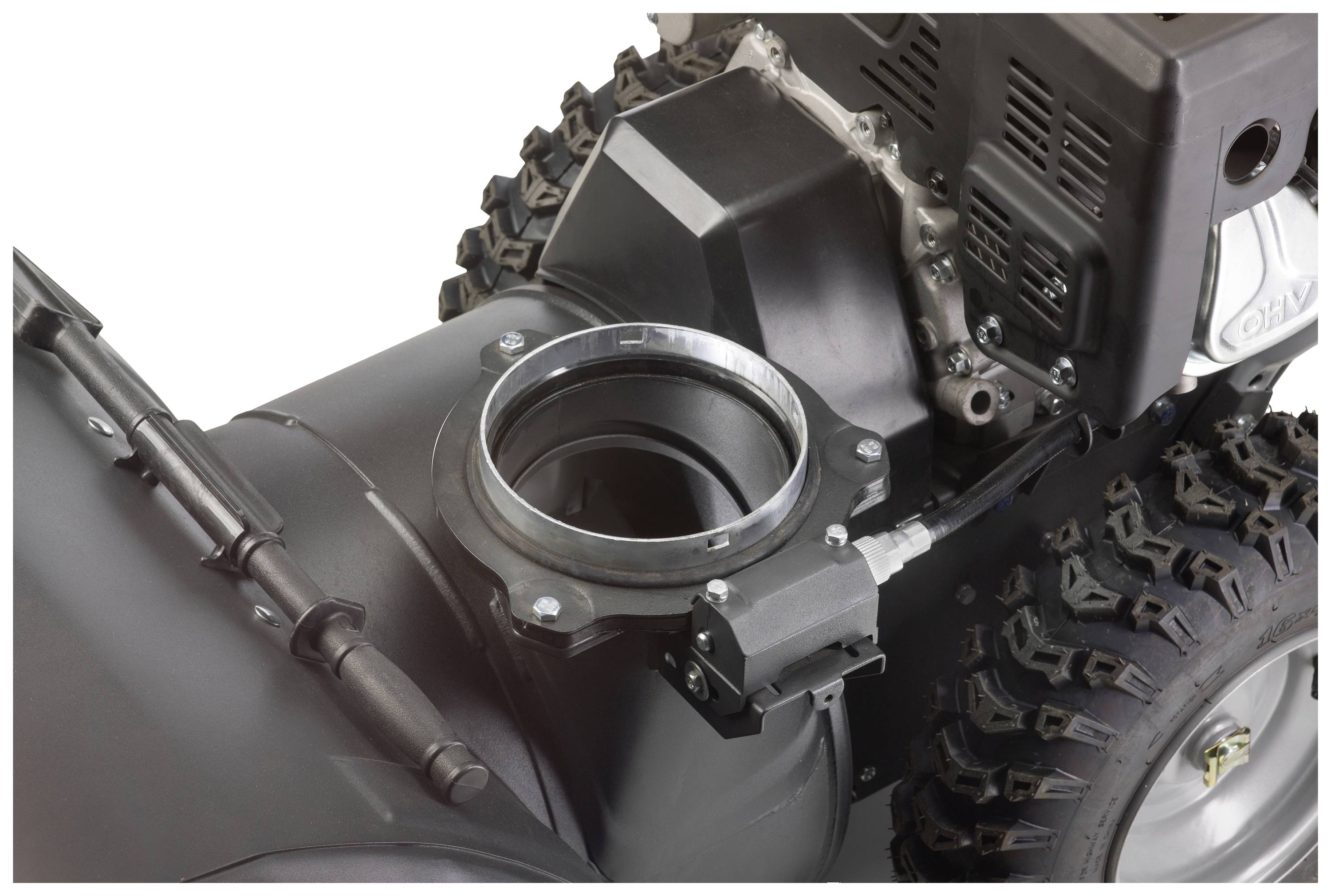 Snow blower with robust, treaded tyres, motor and discharge chute. High-quality design for efficient snow clearing.