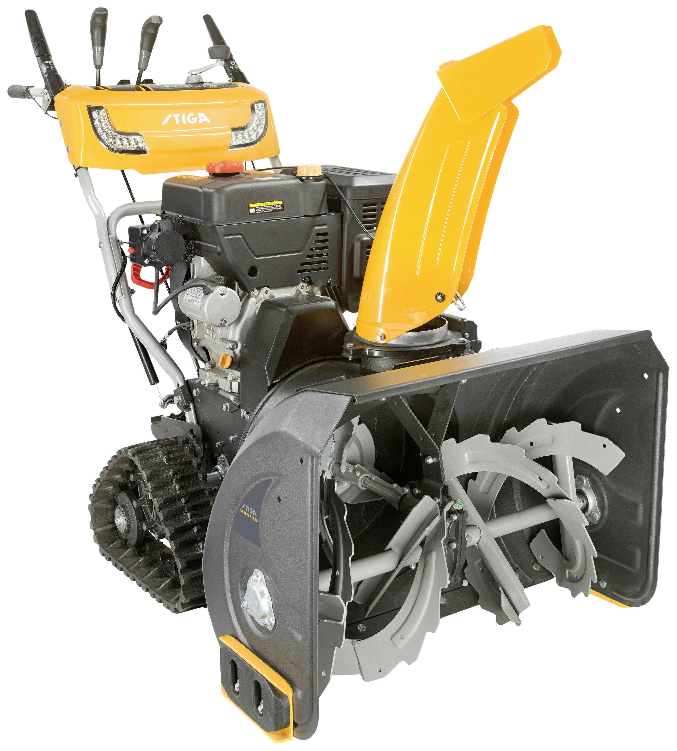 Snow blower with a powerful motor, yellow control elements, and large discharge chute, suitable for clearing snow.