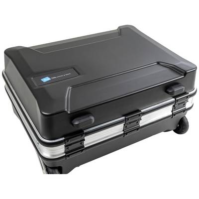 A black, robust suitcase with wheels, suitable for transporting tools or equipment.