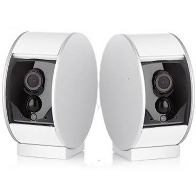 Two white, round speakers with visibly integrated camera lenses, standing side by side.