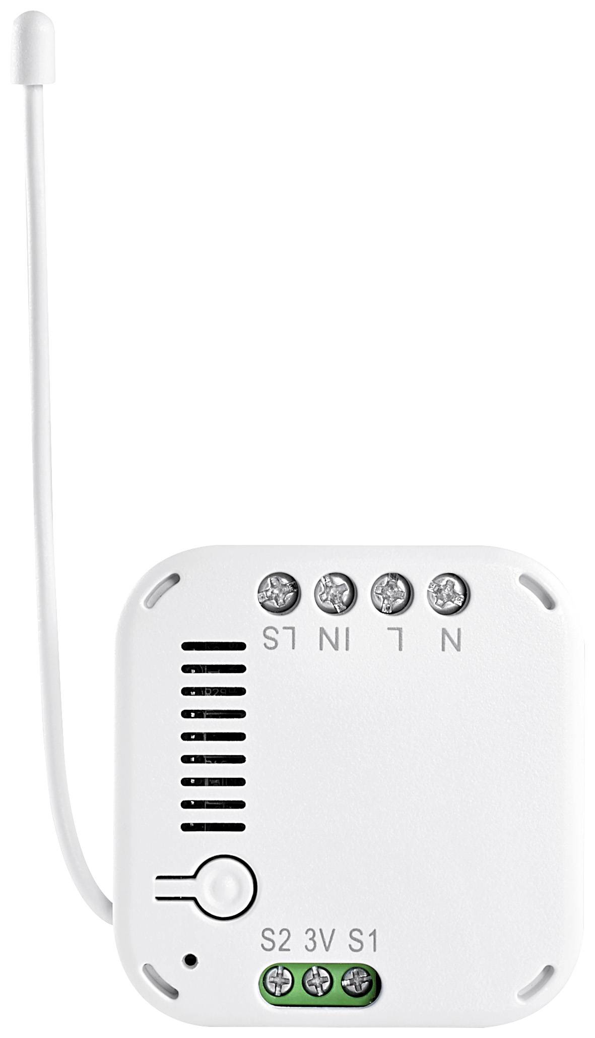 A white, square switch with four metal terminals at the top and three green screw terminals at the bottom; an antenna wire is attached on the left.