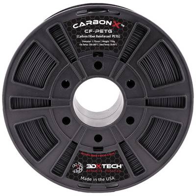 A roll of 3D printer filament labelled 'CARBONX CF-PETG'. Suitable for 3D printing, reinforced with carbon fibre PETG. Made in the USA.