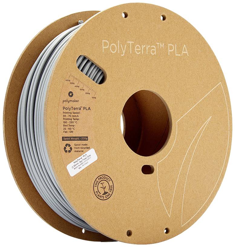 A reel of PolyTerra PLA filament in grey, suitable for 3D printing, made from environmentally friendly material, with temperature and weight information printed on the packaging.