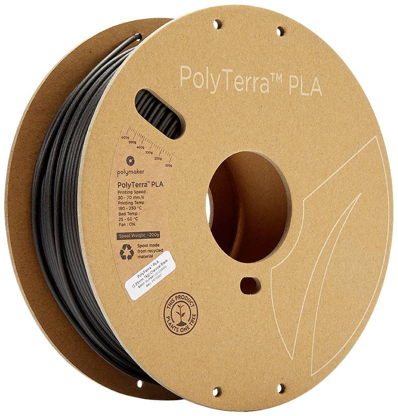 Spool of black 3D printer filament made from sustainable PLA material, labelled with 'PolyTerra™ PLA' and product information.