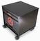 A black, cube-shaped 3D printer by Raise3D, model Pro2 Plus, mounted on wheels. The device features a logo and is mobile.