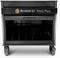 A black 3D printer with the inscription 'Raise3D Pro2 Plus' on a drawer, mounted on wheels, suitable for mobile use.
