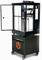 3D printer model in black, situated on a mobile trolley with a workshop logo. Door is open. Display shows control panel on the right.