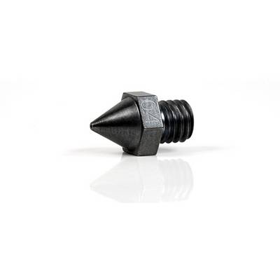 Metallic nozzle with a conical tip and screw thread, suitable for use in 3D printers or similar machines.