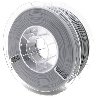 A reel of grey 3D printer filament wound onto a transparent plastic spool, set against a white background.