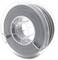 A reel of grey 3D printer filament wound onto a transparent plastic spool, set against a white background.
