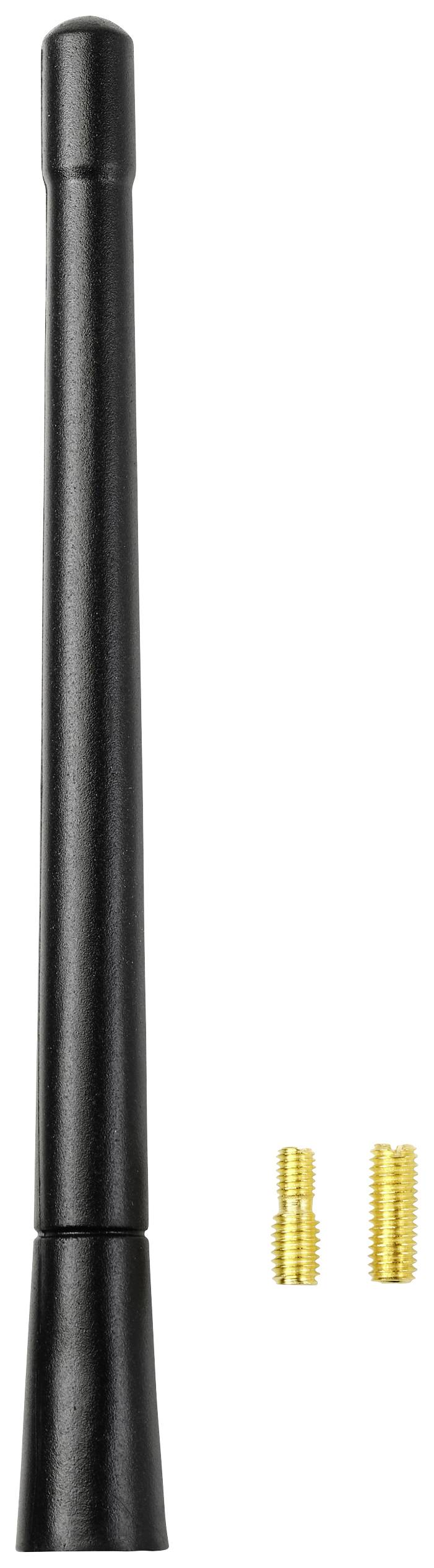 'Black antenna with two small golden connectors underneath. The antenna is vertically positioned.'