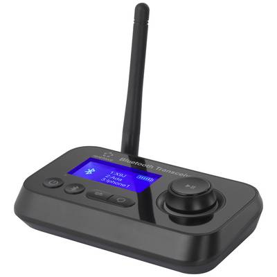Black Bluetooth transceiver with antenna, blue LCD display, multiple buttons and rotary dial for audio settings.