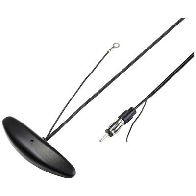 A car aerial with a black, oval housing and a cable with a connection plug. Ideal for radio reception.